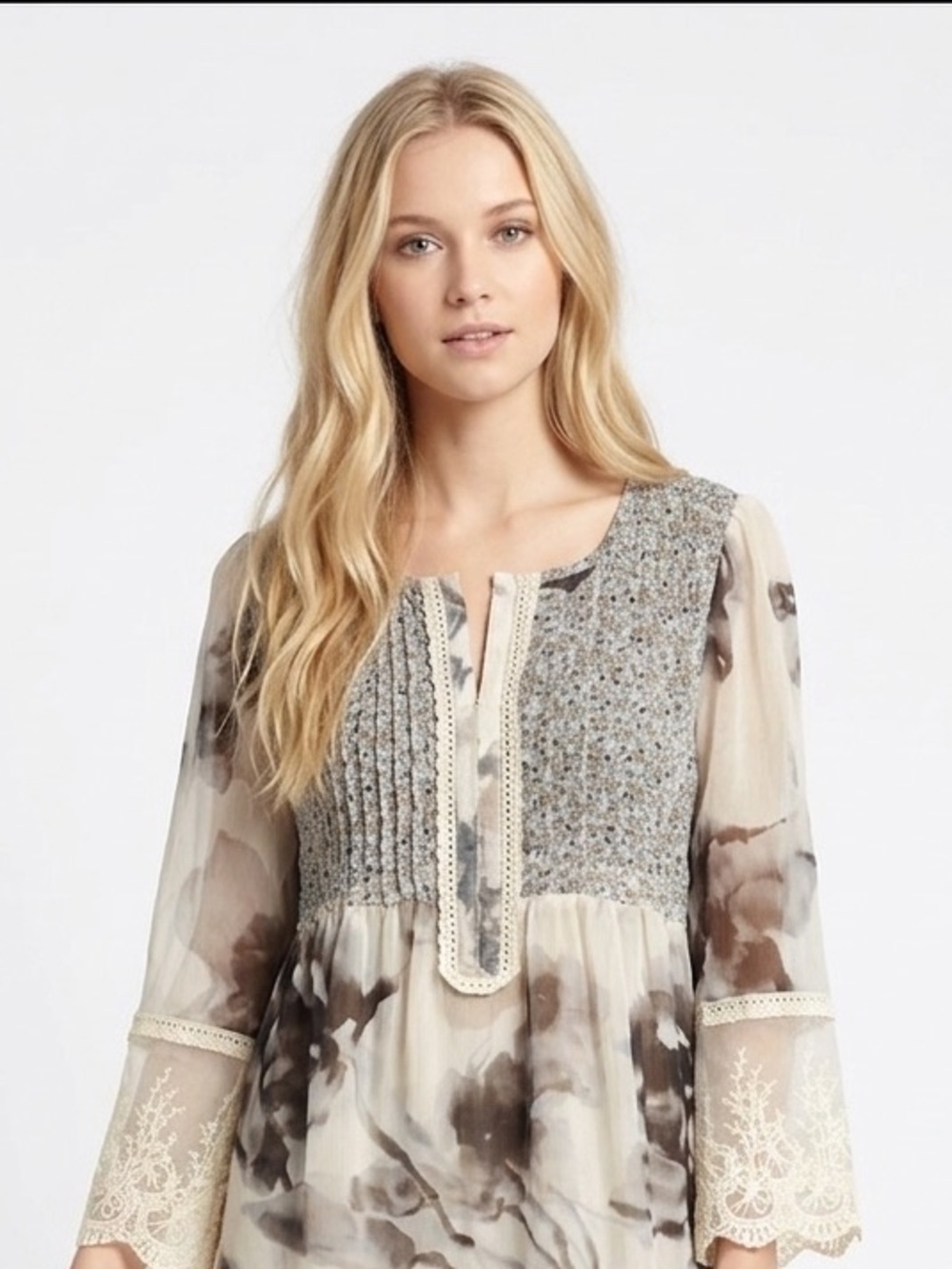 Sundance Floral Sheer Blouse in Taupe, Cream size xsmall
